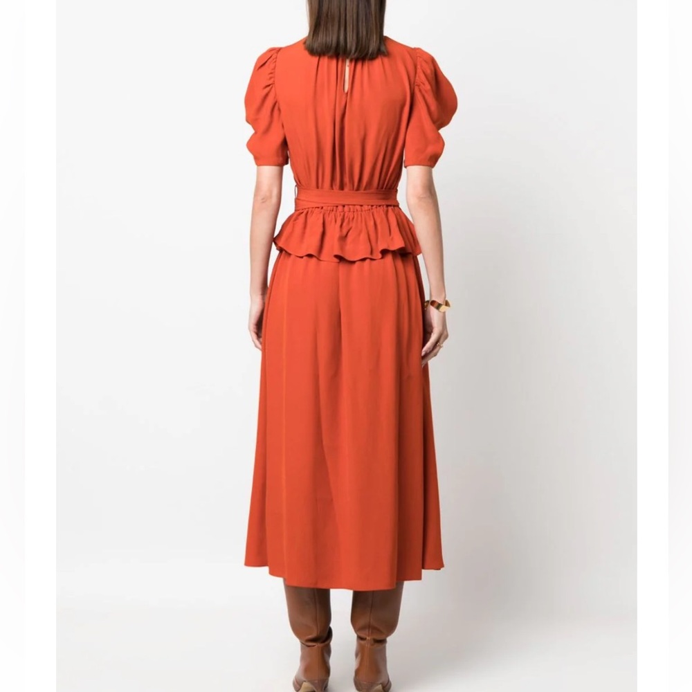 Ulla Johnson, Marion Puff-Sleeve Belted Peplum Midi Dress In Noir Red Size 6 - Picture 6 of 10